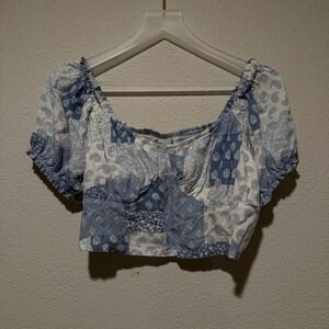 Hollister Blue Patchwork Paisley Crop Top Sweetheart Puff Sleeve Smocked Large